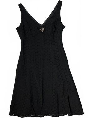 Vintage Evan Picone Sz 14 Black Eyelet Lace Cotton Midi Dress W Flower Brooch